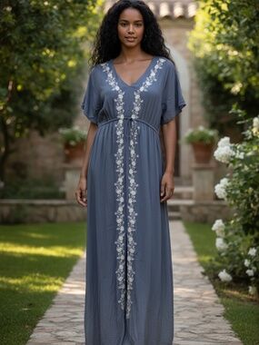 Citrus & Lemon Blue Embroidered Boho Maxi Dress Short Sleeve Size L